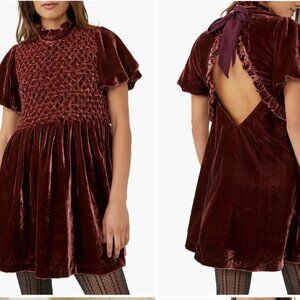 FREE PEOPLE Gum Drop Mini Dress Open Back Velvet Mock Neck Balloon Sleeve XS